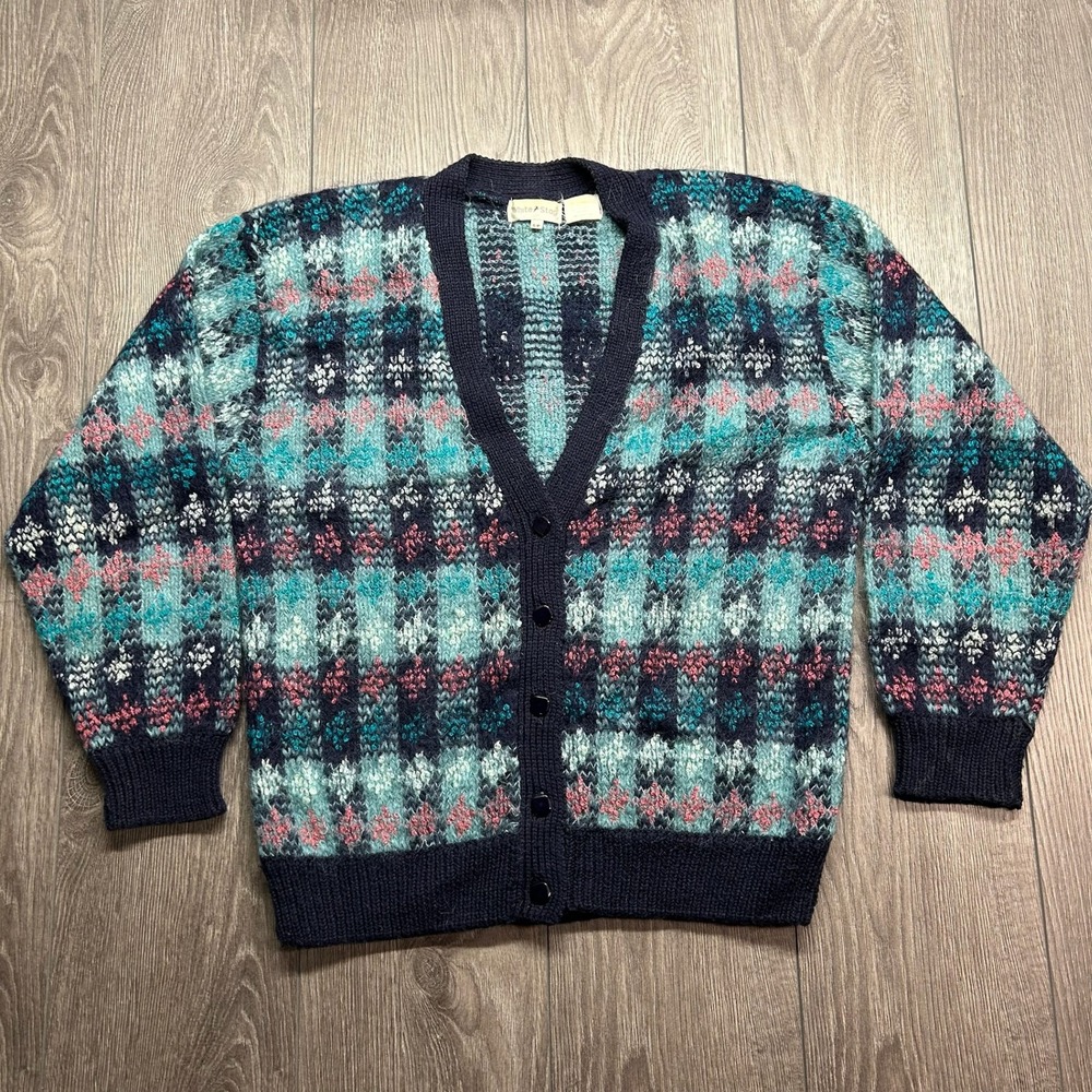 Vintage White Stag 70s Mohair Wool Blend Small Cardigan Sweater Teal Navy Pink